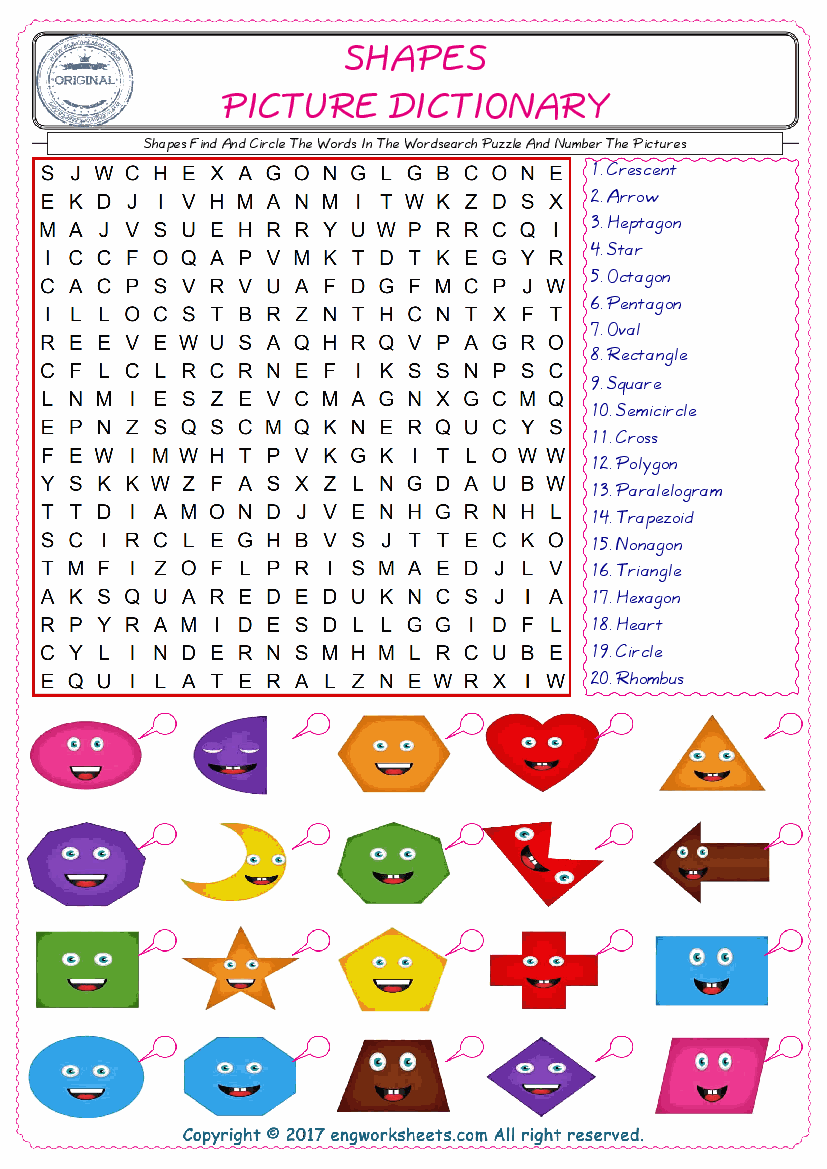  ESL wordsearch worksheets for kids, find Shapes words in the word wordsearch write its number on its picture English worksheet. 